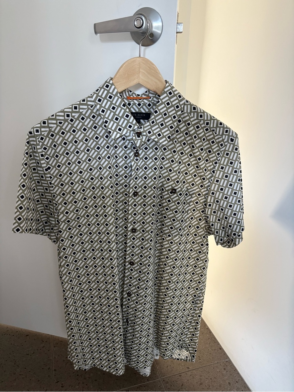 Ted Baker Short-Sleeve Geometric Print Shirt in Olive and White